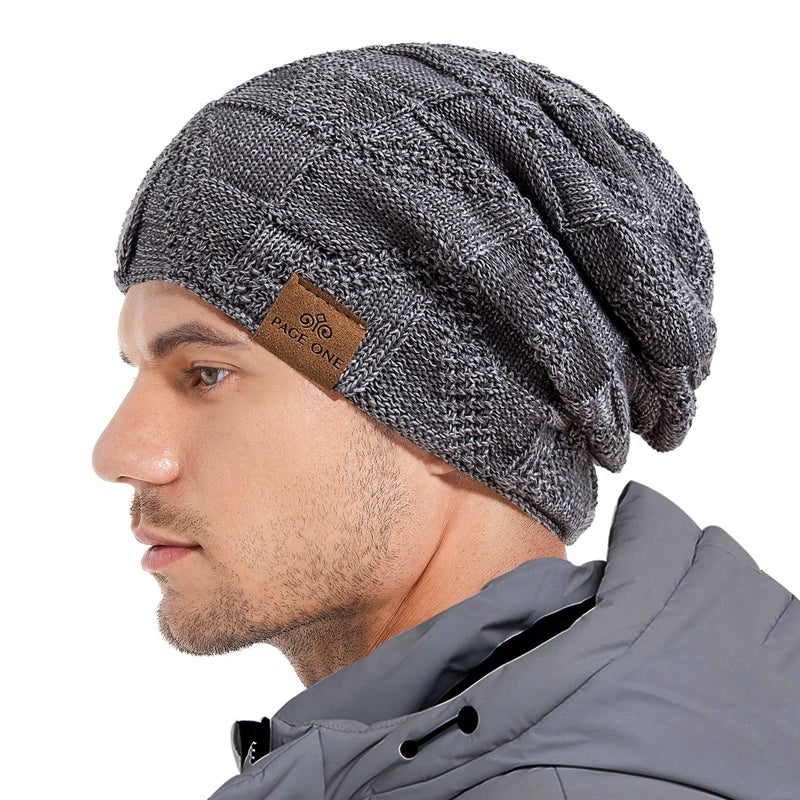 PAGE ONE Mens Winter Slouchy Beanie Warm Fleece Lined Skull Cap Baggy Cable Knit Hat Gray - Image 2